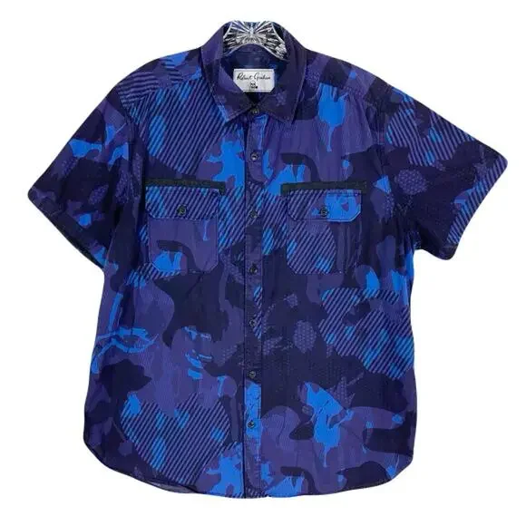 nwot ROBERT GRAHAM Shirt XL Classic-Fit Short-Sl Curve-Hem Stretch Cotton